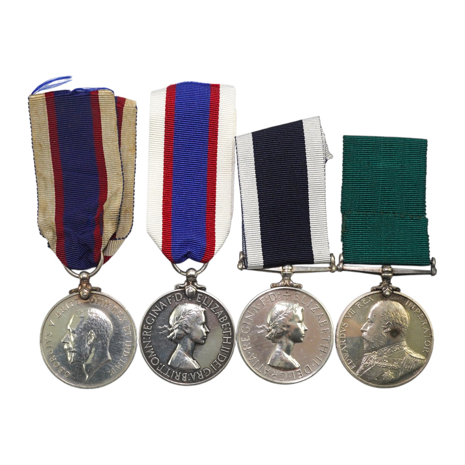 Four assorted Naval service medals; EVII RNRLSGC to 84333 G.Mitchell, Sea'n. 1CL. R.N.R.; GV RFRLSGC to J.99193 (Dev.B.15185) J.M.Dougall. A.B.R.F.R.; ERII RFRLSGC to SSSx.27156 J.W.Hopkins. Dev.B.17913.A.B. R.F.R; ERII